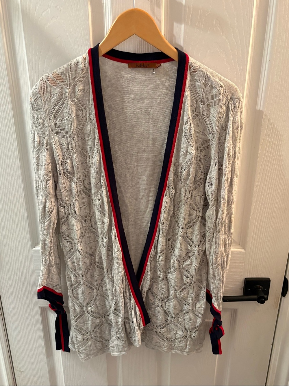 Belldini Cream Knit shawl with Red & Navy Trim